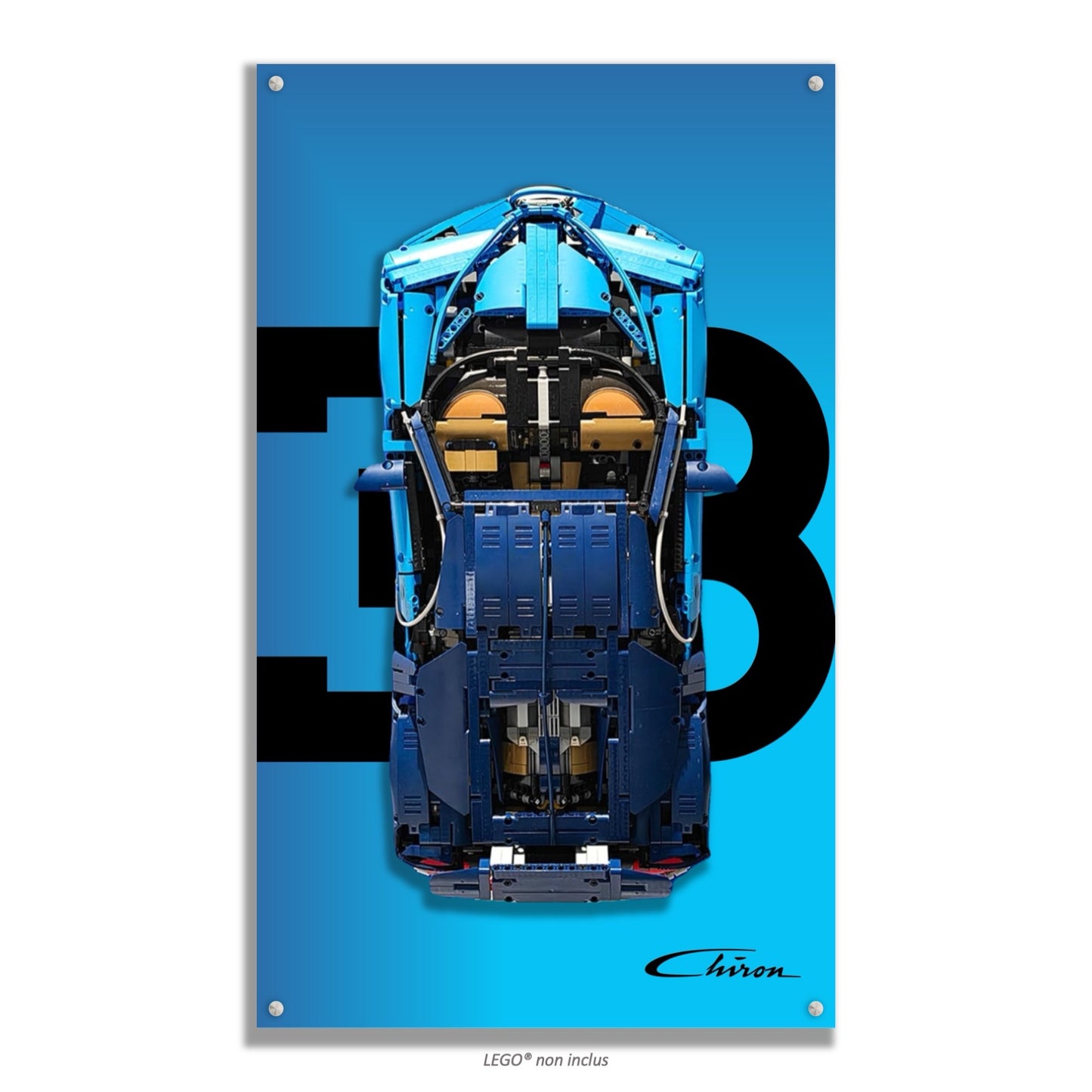 Bugatti Chiron LEGO 42083 – Style Bleu Monogramme variante signature, finition Entretoises – Fond bleu avec monogramme EB et signature Chiron, vis aux 4 coins – Tableau mural aluminium Kadris