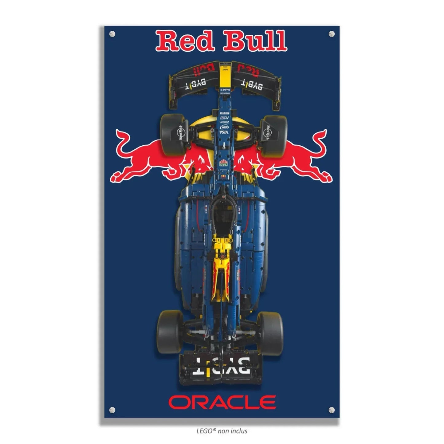 F1 Red Bull Racing LEGO 42206 – Style Taureaux Fond Bleu Marine, finition Entretoises – Vue de face avec vis aux 4 coins – Tableau mural aluminium Kadris