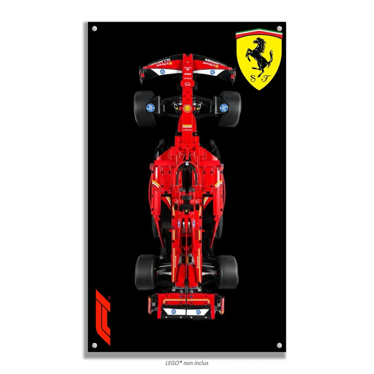 F1 Ferrari LEGO 42207 – Style Noir F1 Pur, finition Entretoises – Fond noir uni sans bordure, vis aux 4 coins – Tableau mural aluminium Kadris