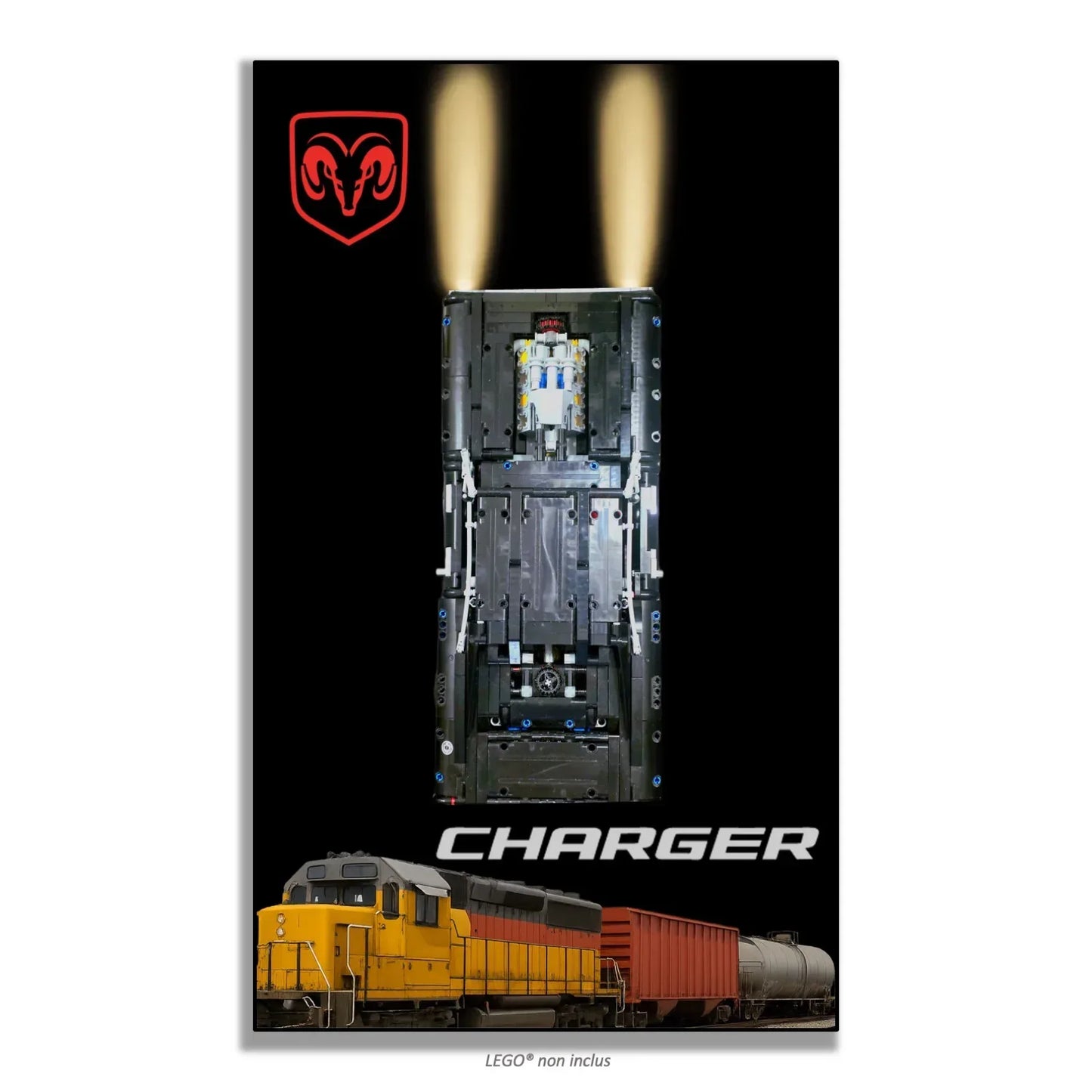 Dodge Charger de Dom LEGO 42111 – Style Logo Dodge Spotlight, finition Cadre aluminium noir – Fond noir pur, texte CHARGER en bas, sans vis apparentes – Tableau mural aluminium Kadris
