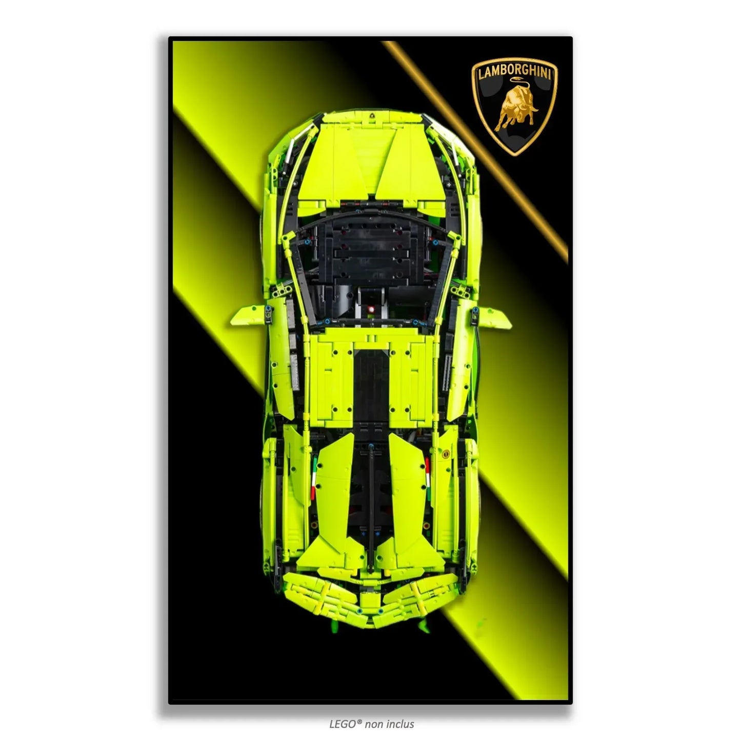 Lamborghini Sián FKP 37 LEGO 42115 – Style Bande Diagonale Vert Noir, finition Cadre aluminium noir – Vue de face avec logo Lamborghini officiel, sans vis apparentes – Tableau mural aluminium Kadris