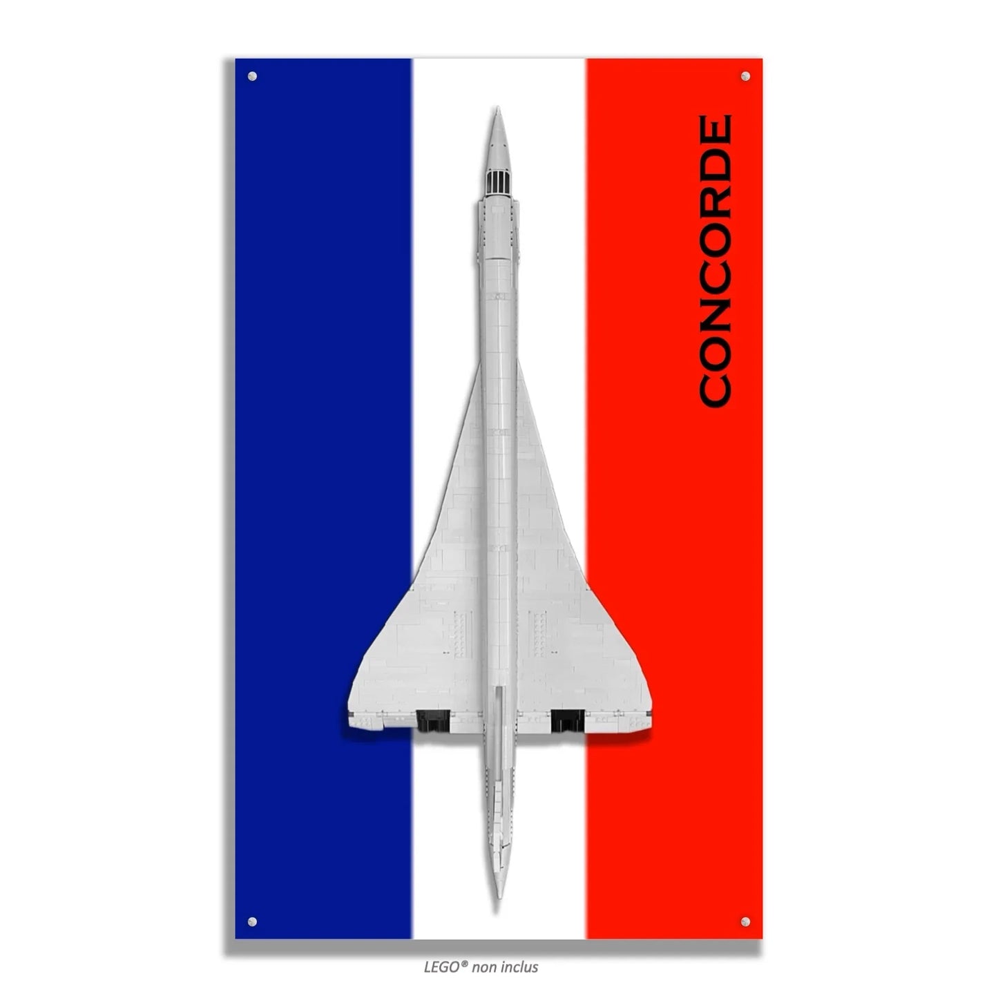 Concorde LEGO 10318 – Style Tricolore Vertical, finition Entretoises – Fond drapeau français, texte Concorde vertical, vis aux 4 coins – Tableau mural aluminium Kadris