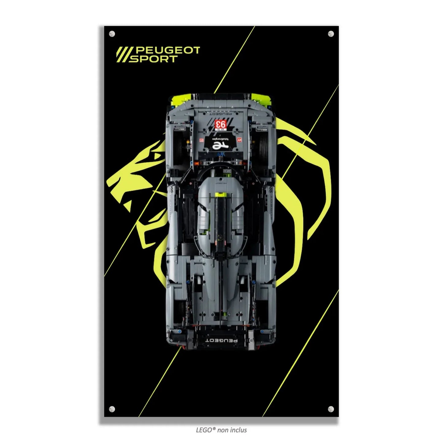 Peugeot 9X8 LEGO 42156 – Style Lion Géant, finition Cadre aluminium noir – Variante fond noir avec grand lion en filigrane et logo Peugeot Sport, sans vis apparentes – Tableau mural aluminium Kadris