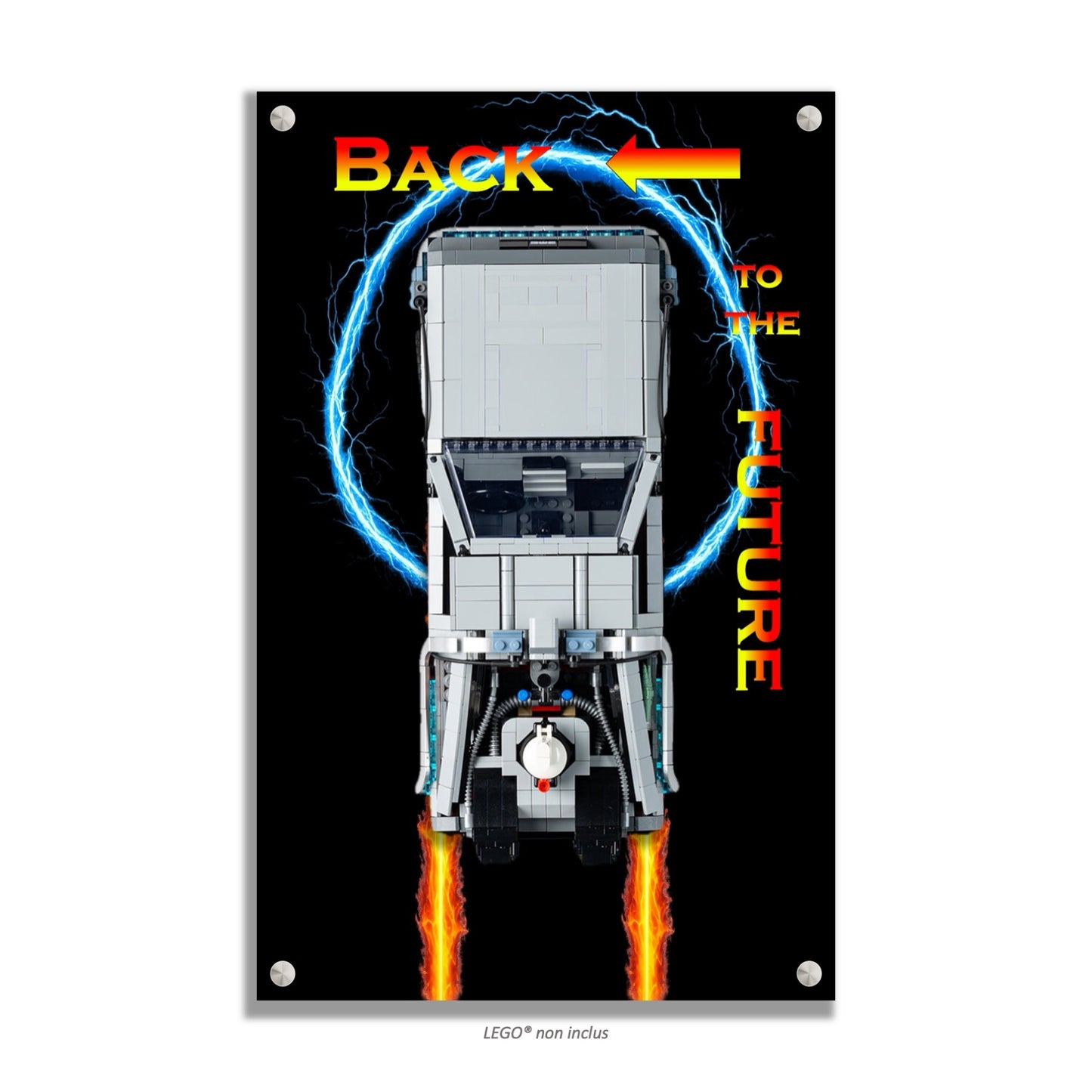 DeLorean Retour vers le Futur LEGO 10300 – Style Halo Électrique Fond Noir, finition Entretoises – Vue de face avec vis aux 4 coins – Tableau mural aluminium Kadris