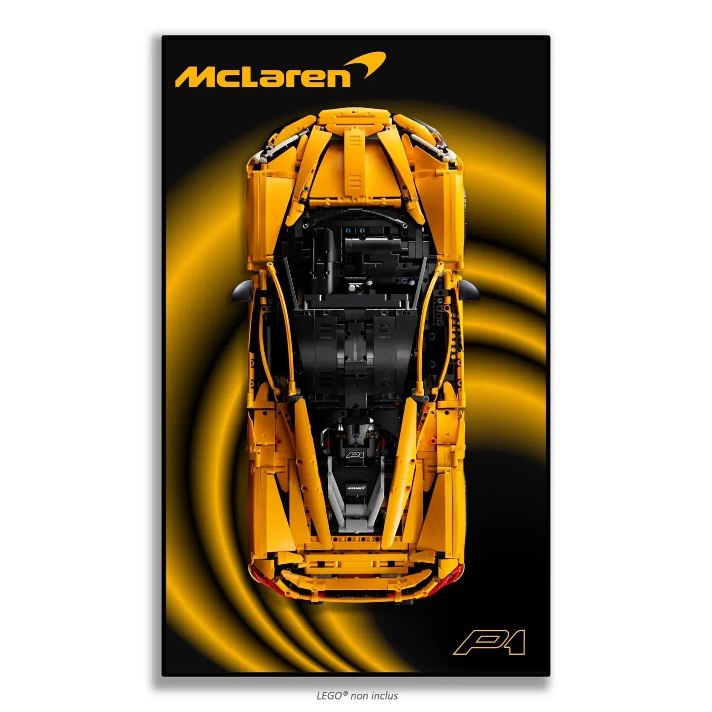 McLaren P1 LEGO 42172 – Style Vortex Doré, finition Cadre aluminium noir – Fond noir avec large vortex doré tourbillonnant, sans vis apparentes – Tableau mural aluminium Kadris