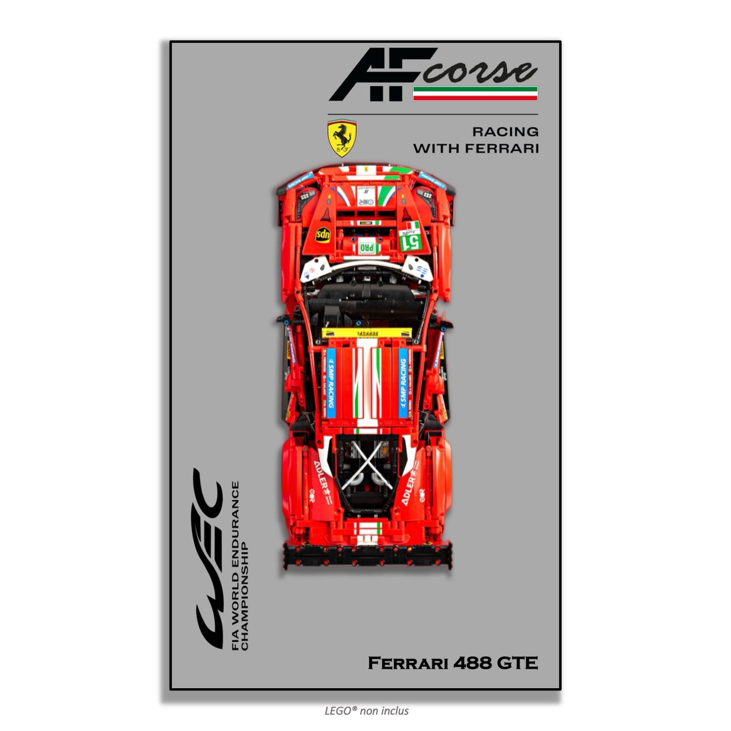 Ferrari 488 GTE AF Corse #51 LEGO Technic 42125 – Style Gris AF Corse, finition Entretoises vue large – Tableau mural aluminium Kadris