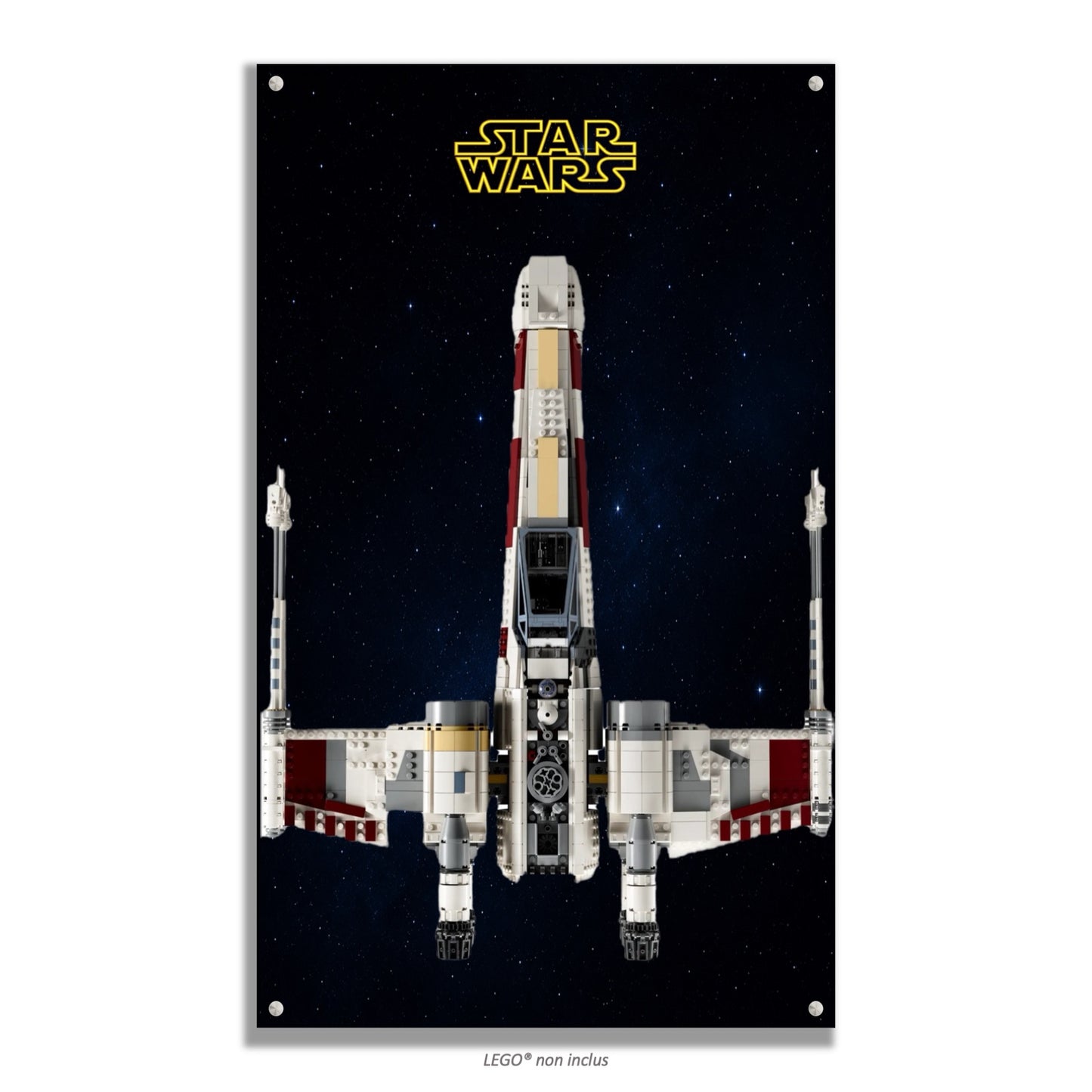 Chasseur X-Wing LEGO Star Wars 75355 – Style Star Wars jaune étoilé, finition Entretoises vue cadrée – Tableau mural aluminium Kadris