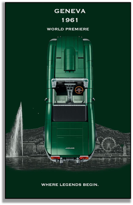 Jaguar E-Type LEGO® 11381 – Style WORLD PREMIERE – Vue de face, set en place – Tableau mural aluminium Kadris®