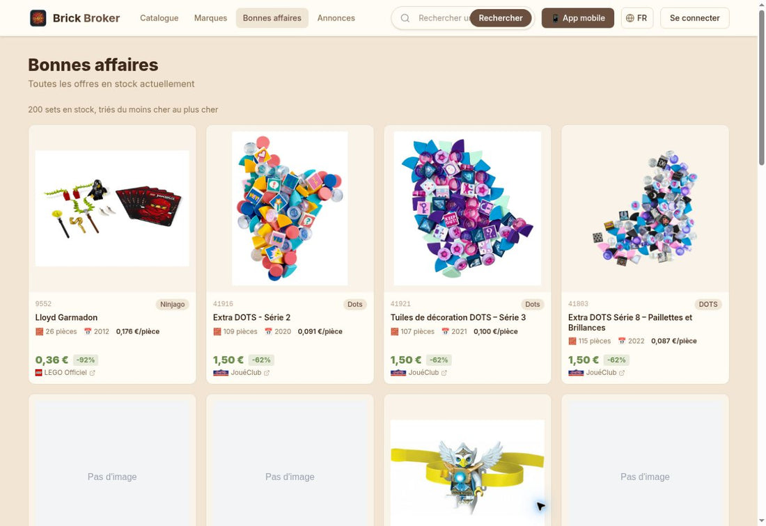 Page Bonnes affaires de Brick Broker avec prix et remises