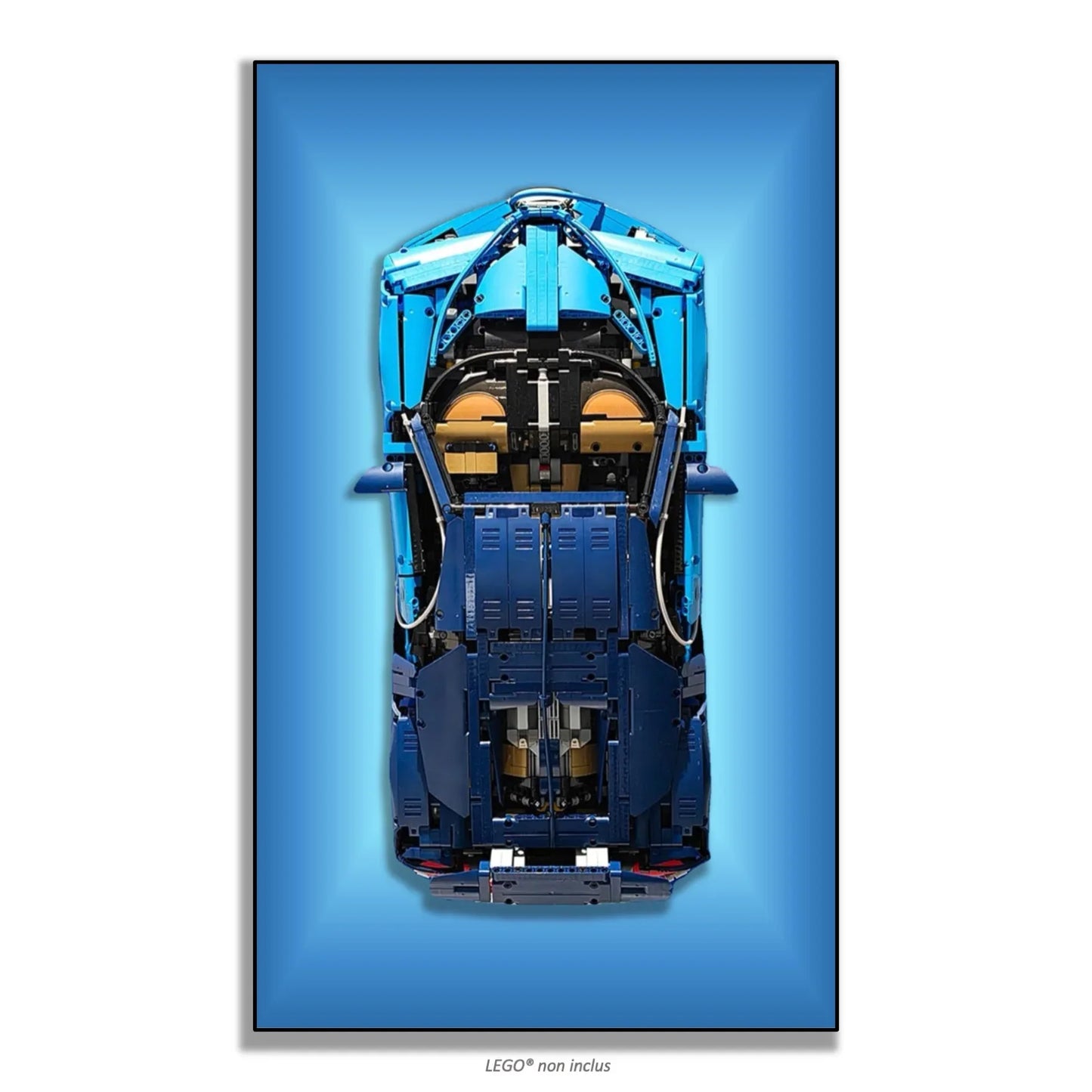Bugatti Chiron LEGO 42083 – Style Bleu Vignette, finition Cadre aluminium noir – Fond bleu en vignette radiale, sans vis apparentes – Tableau mural aluminium Kadris