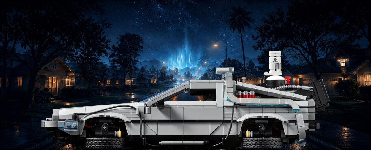 DeLorean LEGO® 10300 – Décor Suburban Time Rift – Set LEGO® en place dans un IKEA® Pax 50 – Fond de meuble aluminium Kadris®