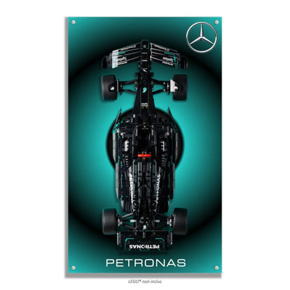 F1 Mercedes LEGO 42171 – Style Halo Petronas Étoile, finition Entretoises – Halo turquoise avec étoile Mercedes, vis aux 4 coins – Tableau mural aluminium Kadris