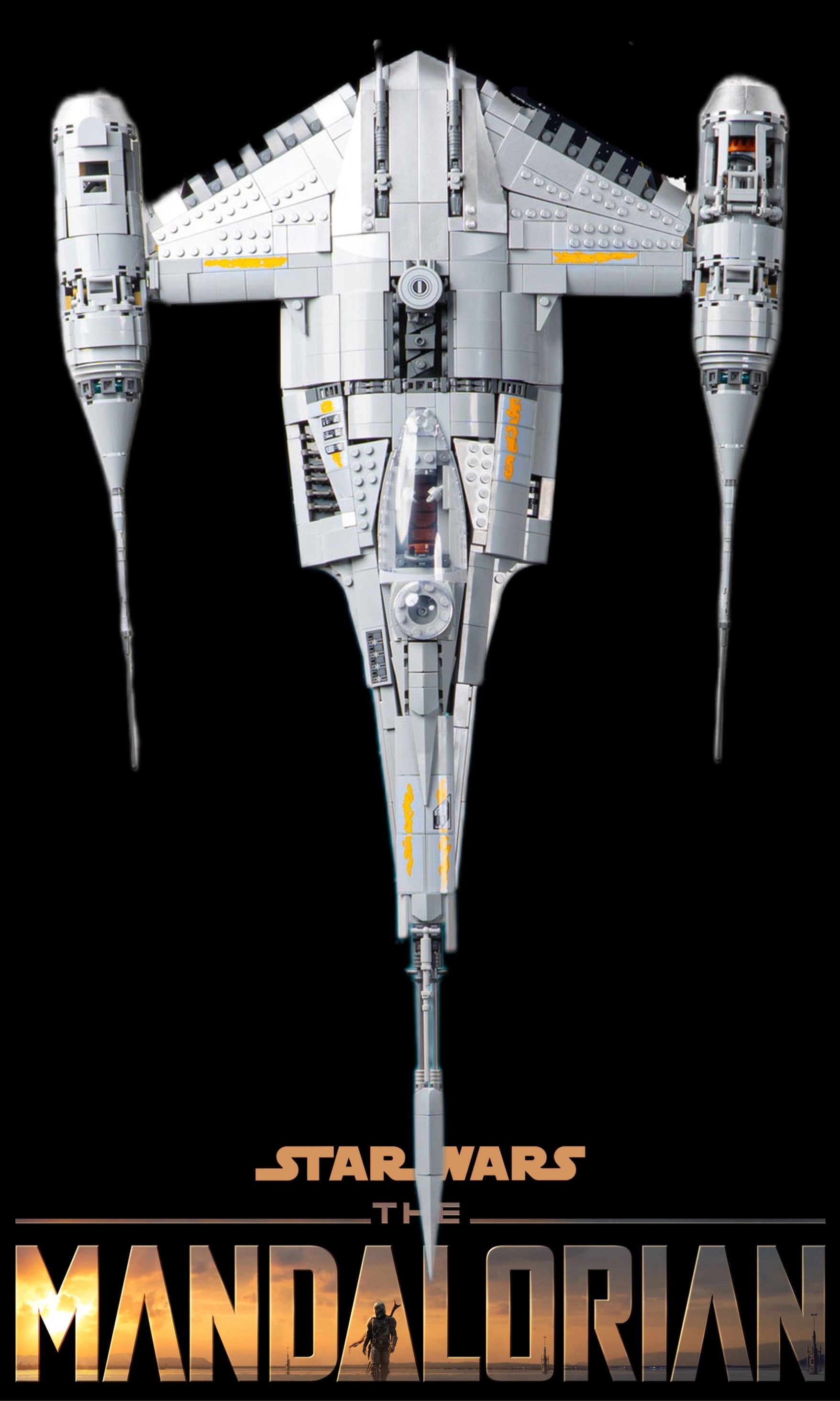 Chasseur N-1 du Mandalorien LEGO 75442 – Style Mandalorian or, finition Cadre aluminium noir – fond noir logo THE MANDALORIAN or plein cadre vaisseau centré – Tableau mural aluminium Kadris