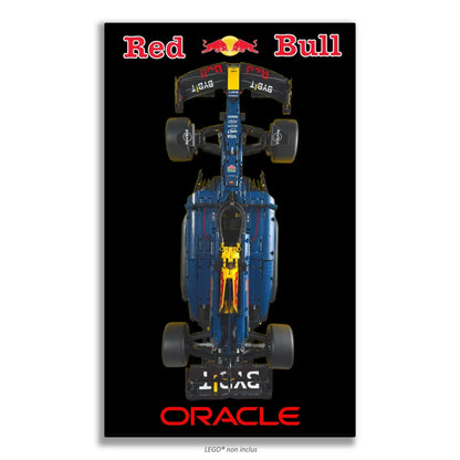 F1 Red Bull Racing LEGO 42206 – Style Logo Red Bull Fond Noir, finition Cadre aluminium noir – Vue de face sans vis apparentes – Tableau mural aluminium Kadris