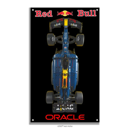 F1 Red Bull Racing LEGO 42206 – Style Logo Red Bull Fond Noir, finition Entretoises – Vue de face avec vis aux 4 coins – Tableau mural aluminium Kadris