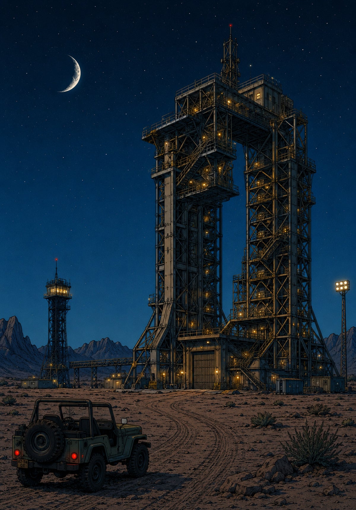 La fusée de Tintin LEGO® 21367 – Décor Night Launch Complex – Visuel du décor seul – Fond de meuble aluminium Kadris®
