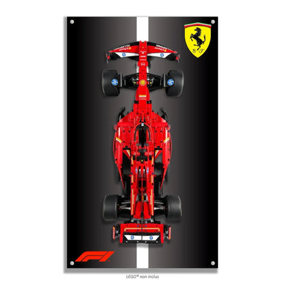 F1 Ferrari LEGO 42207 – Style Asphalte Piste, finition Entretoises – Fond gris asphalte avec ligne blanche centrale, vis aux 4 coins – Tableau mural aluminium Kadris