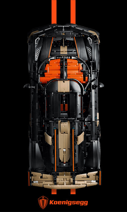 Koenigsegg Megacar Sadair's Spear LEGO Technic 42232 – Style Racing stripes orange, finition Cadre aluminium noir – fond noir bandes verticales orange logo Koenigsegg – Tableau mural aluminium Kadris