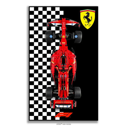 F1 Ferrari LEGO 42207 – Style Damier F1, finition Cadre aluminium noir – Fond noir avec damier noir et blanc, sans vis apparentes – Tableau mural aluminium Kadris