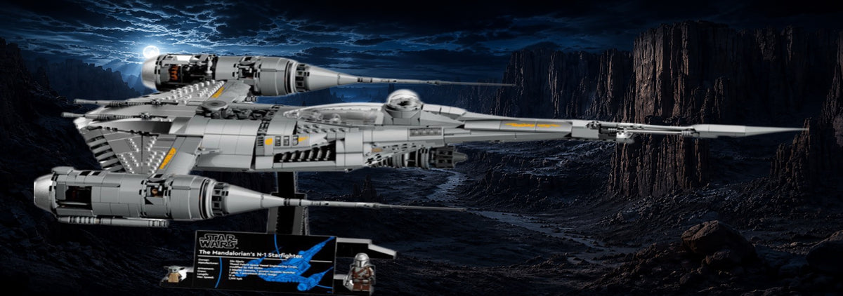 Chasseur N-1 du Mandalorien LEGO® 75442 – Décor Moon Canyon – Set en place dans le meuble – Fond de meuble aluminium Kadris®