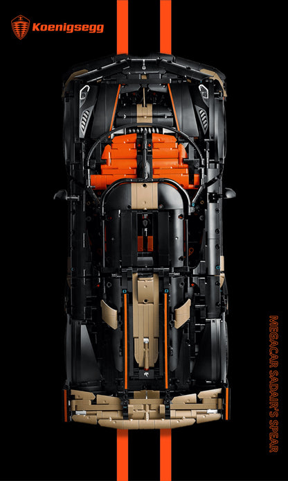 Koenigsegg Megacar Sadair's Spear LEGO Technic 42232 – Style Racing stripes texte vertical, finition Cadre aluminium noir – fond noir bandes orange texte vertical droite – Tableau mural aluminium Kadris
