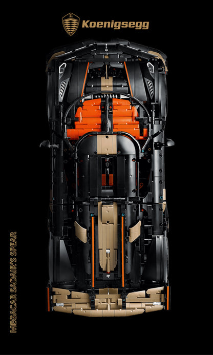 Koenigsegg Megacar Sadair's Spear LEGO Technic 42232 – Style Doré Koenigsegg, finition Cadre aluminium noir – fond noir logo Koenigsegg doré haut texte MEGACAR – Tableau mural aluminium Kadris