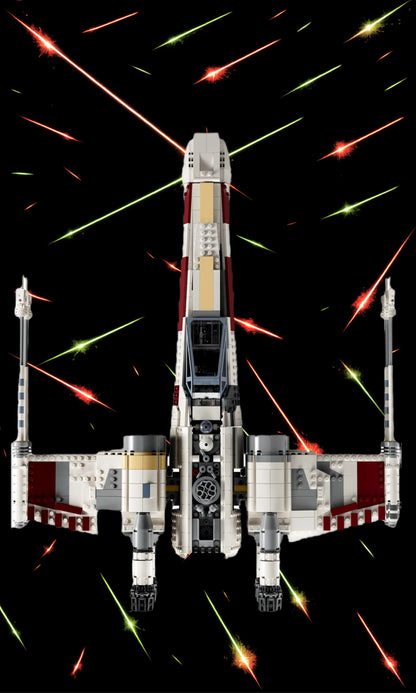 Chasseur X-Wing LEGO Star Wars 75355 – Style Tirs lasers, finition Cadre aluminium noir – fond noir lasers rouges et verts – Tableau mural aluminium Kadris