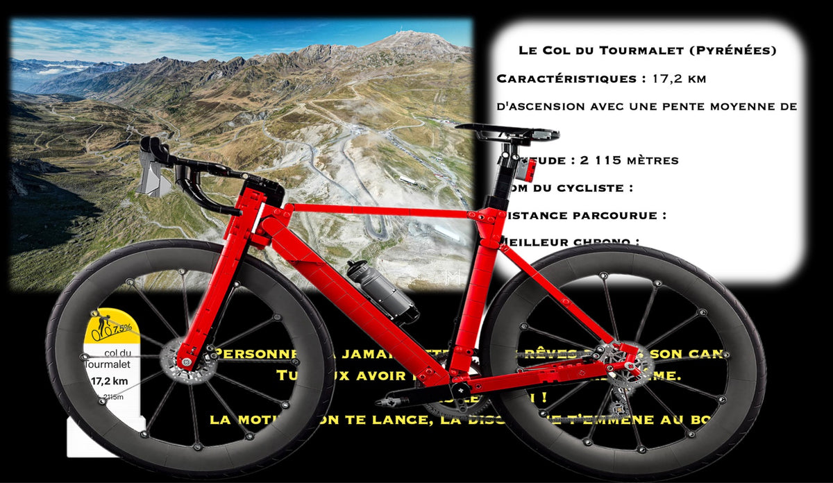Le vélo de route LEGO® 11380 – Décor Pyrenean Legend – Set LEGO® en place dans le meuble – Fond de meuble aluminium Kadris®
