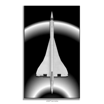 Concorde LEGO 10318 – Style Halo Néon, finition Cadre aluminium noir – Fond noir avec un seul halo néon blanc, sans vis apparentes – Tableau mural aluminium Kadris