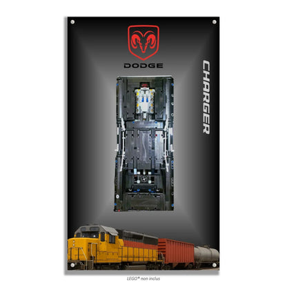 Dodge Charger de Dom LEGO 42111 – Style Logo Dodge Train, finition Entretoises – Vue de face avec vis aux 4 coins – Tableau mural aluminium Kadris