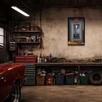 Dodge Charger de Dom LEGO 42111 – Style Logo Dodge Train – Photo installée au mur dans un garage vintage – Tableau mural aluminium Kadris