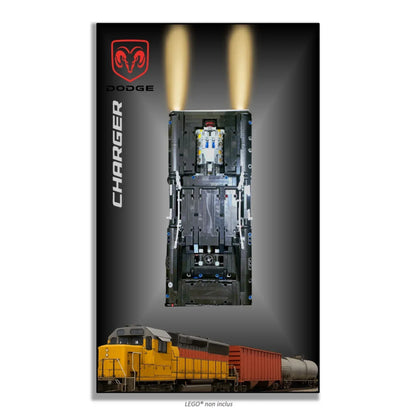 Dodge Charger de Dom LEGO 42111 – Style Spots Lumineux, finition Cadre aluminium noir – Vue de face sans vis apparentes – Tableau mural aluminium Kadris