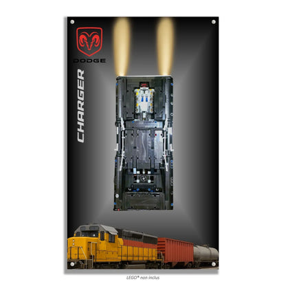 Dodge Charger de Dom LEGO 42111 – Style Spots Lumineux, finition Entretoises – Vue de face avec vis aux 4 coins – Tableau mural aluminium Kadris