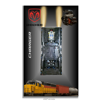 Dodge Charger de Dom LEGO 42111 – Style Spots + Moteur, finition Cadre aluminium noir – Vue de face sans vis apparentes – Tableau mural aluminium Kadris
