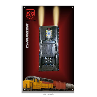 Dodge Charger de Dom LEGO 42111 – Style Spots Lumineux Fond Rouge, finition Entretoises – Fond rouge sombre, vue alternative avec vis aux 4 coins – Tableau mural aluminium Kadris