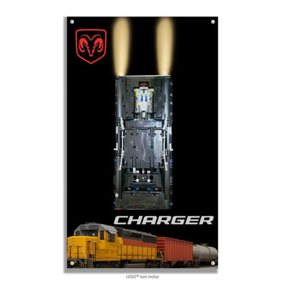 Dodge Charger de Dom LEGO 42111 – Style Logo Dodge Spotlight, finition Entretoises – Fond noir pur, texte CHARGER en bas, vis aux 4 coins – Tableau mural aluminium Kadris