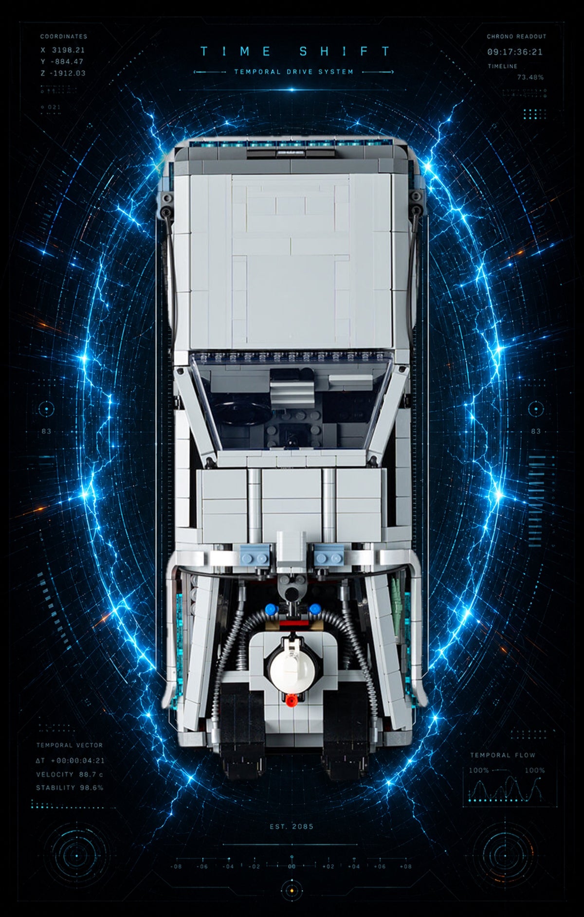 DeLorean Retour vers le Futur LEGO® 10300 – Style TIME SHIFT – Vue de face, set en place – Tableau mural aluminium Kadris®