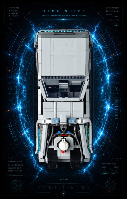 DeLorean Retour vers le Futur LEGO® 10300 – Style TIME SHIFT – Vue de face, set en place – Tableau mural aluminium Kadris®