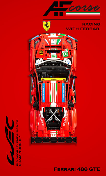 Ferrari 488 GTE AF Corse #51 LEGO Technic 42125 – Style Rouge AF Corse, finition Cadre aluminium noir – fond rouge logo AF Corse Ferrari WEC – Tableau mural aluminium Kadris