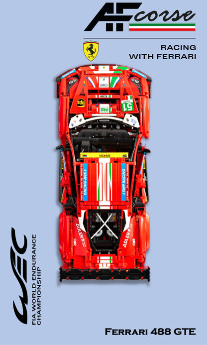 Ferrari 488 GTE AF Corse #51 LEGO Technic 42125 – Style Gris AF Corse, finition Cadre aluminium noir – fond gris logo AF Corse Ferrari WEC – Tableau mural aluminium Kadris