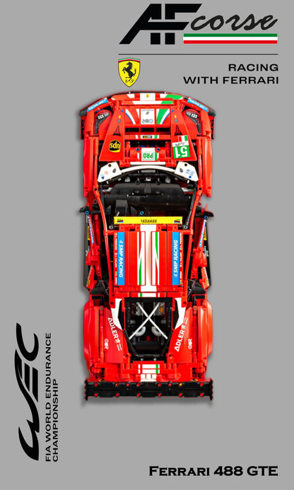 Ferrari 488 GTE AF Corse #51 LEGO Technic 42125 – Style Gris AF Corse, finition Cadre aluminium noir vue large – Tableau mural aluminium Kadris
