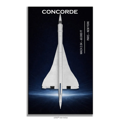Concorde LEGO 10318 – Style Mach 2.04, finition Cadre aluminium noir – Fond étoilé avec texte Mach 2.04 et trajet Paris-New York, sans vis apparentes – Tableau mural aluminium Kadris