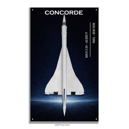 Concorde LEGO 10318 – Style Mach 2.04, finition Entretoises – Fond étoilé avec texte Mach 2.04 et trajet Paris-New York, vis aux 4 coins – Tableau mural aluminium Kadris