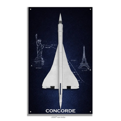 Concorde LEGO 10318 – Style Carte de Vol, finition Entretoises – Illustration Statue de la Liberté et Tour Eiffel avec coordonnées de vol, vis aux 4 coins – Tableau mural aluminium Kadris