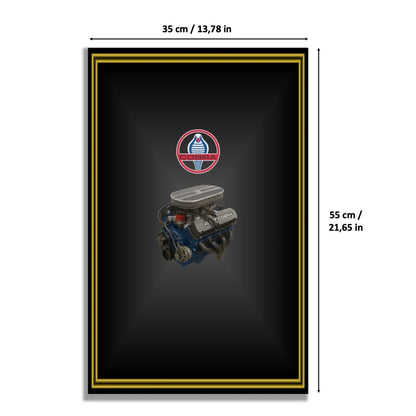 Shelby Cobra 427 S/C LEGO 10357 – Style Bordure Dorée Élégante – Visuel des dimensions 35x55cm avec logo Cobra et moteur V8 – Tableau mural aluminium Kadris