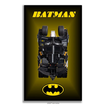 Batmobile Tumbler LEGO 76240 – Style Halo Doré Texte Haut, finition Cadre aluminium noir – Halo doré en vignette, texte BATMAN en haut, sans vis apparentes – Tableau mural aluminium Kadris
