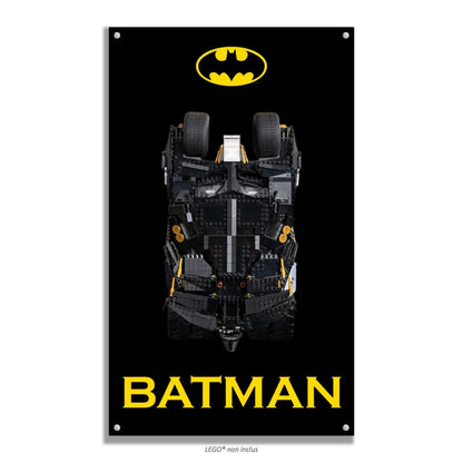 Batmobile Tumbler LEGO 76240 – Style Fond Noir Logo Centré, finition Entretoises – Fond noir pur, logo centré en haut, vis aux 4 coins – Tableau mural aluminium Kadris