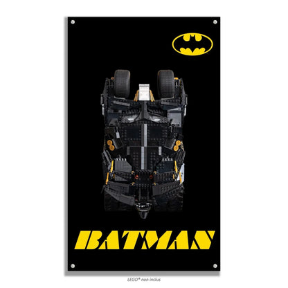 Batmobile Tumbler LEGO 76240 – Style Fond Noir Logo Coin, finition Entretoises – Fond noir pur, logo en haut à droite, vis aux 4 coins – Tableau mural aluminium Kadris