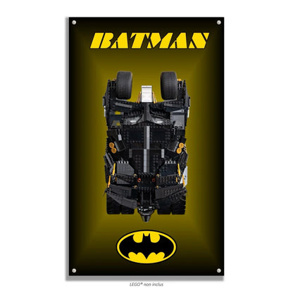 Batmobile Tumbler LEGO 76240 – Style Halo Doré Texte Haut, finition Entretoises – Halo doré en vignette, texte BATMAN en haut, vis aux 4 coins – Tableau mural aluminium Kadris