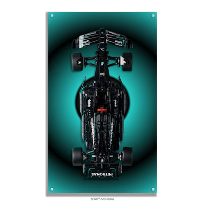 F1 Mercedes LEGO 42171 – Style Halo Épuré, finition Entretoises – Halo turquoise pur sans logo ni texte, vis aux 4 coins – Tableau mural aluminium Kadris